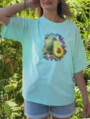 Kadın Mint Yeşili Renkli Avokado Baskılı Oversize Tişört – Yazlık Rahat Kesim, %100 Pamuk thumbnail 1
