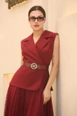 Eteği Piliseli Kemerli Abiye Elbise 2390-Bordo thumbnail 5