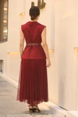 Eteği Piliseli Kemerli Abiye Elbise 2390-Bordo thumbnail 6