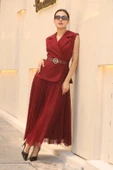 Eteği Piliseli Kemerli Abiye Elbise 2390-Bordo thumbnail 2