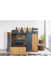 Güven Mobilya Kahverengi Ceviz Mavi Karyolalı Dolaplı Ranza Takım - 1