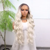 Kumral Beyaz Platin Ombreli Ekstra Uzun Fiber Sentetik Dalgalı Tül Peruk thumbnail 3