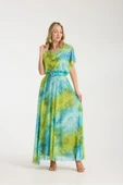 MAVİ YEŞİL NEON DESENLİ TAŞLI ASTARLI UZUN ELBİSE thumbnail 8