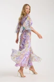 LİLA RENK KARIŞIK RENK VE DESENLİ ŞİFON İÇİ ASTARLI ELBİSE thumbnail 7
