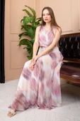 Pudra Pembe Ve Mor Desenli Beyaz Plise Elbise thumbnail 5