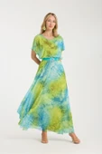 MAVİ YEŞİL NEON DESENLİ TAŞLI ASTARLI UZUN ELBİSE thumbnail 3