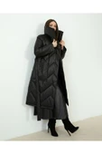 SİYAH DİK YAKA ZİKZAK DESENLİ PUFFER KABAN - 6