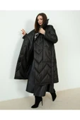 SİYAH DİK YAKA ZİKZAK DESENLİ PUFFER KABAN - 7
