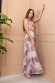 Pudra Pembe Ve Mor Desenli Beyaz Plise Elbise thumbnail 8