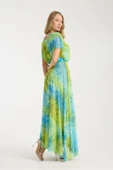 MAVİ YEŞİL NEON DESENLİ TAŞLI ASTARLI UZUN ELBİSE thumbnail 6