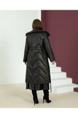 SİYAH DİK YAKA ZİKZAK DESENLİ PUFFER KABAN - 3