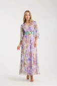 LİLA RENK KARIŞIK RENK VE DESENLİ ŞİFON İÇİ ASTARLI ELBİSE thumbnail 1