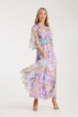 LİLA RENK KARIŞIK RENK VE DESENLİ ŞİFON İÇİ ASTARLI ELBİSE thumbnail 6