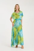 MAVİ YEŞİL NEON DESENLİ TAŞLI ASTARLI UZUN ELBİSE thumbnail 1