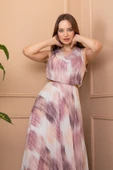 Pudra Pembe Ve Mor Desenli Beyaz Plise Elbise thumbnail 1