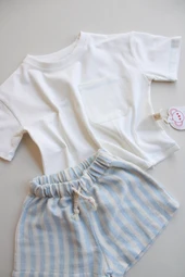 Mavi Kontrast Dikişli Asimetrik Şortlu Takım thumbnail 4