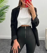 Kadın Tayt Siyah Yüksek Bel Fermuarlı Mat Deri - 3