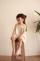 Bej Çizgili Volanlı Kız Askılı ve Şort Takım - 1
