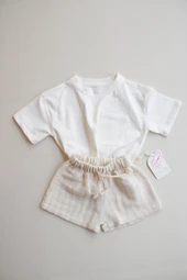 Bej Kontrast Dikişli Asimetrik Şortlu Takım thumbnail 1