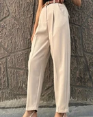 Kadın Yüksek Bel Kemerli Pileli Kumaş  Pantolon - 1