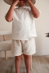 Bej Kontrast Dikişli Asimetrik Şortlu Takım thumbnail 4