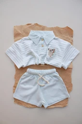 Mavi Çizgili Koala Nakışlı Polo Yaka Şortlu Takım thumbnail 2