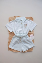 Mavi Çizgili Koala Nakışlı Polo Yaka Şortlu Takım thumbnail 1