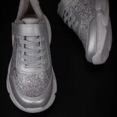 Trend Adımlar Gümüş Simli Saten Kız Çocuk Sneaker thumbnail 4