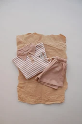 Koyu Bej Çizgili Koala Nakışlı Polo Yaka Şortlu Takım thumbnail 7