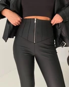 Kadın Tayt Siyah Yüksek Bel Fermuarlı Mat Deri - 1