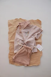 Koyu Bej Çizgili Koala Nakışlı Polo Yaka Şortlu Takım thumbnail 8