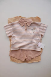 Koyu Bej Çizgili Koala Nakışlı Polo Yaka Şortlu Takım thumbnail 6