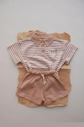Koyu Bej Çizgili Koala Nakışlı Polo Yaka Şortlu Takım thumbnail 1