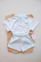 Mavi Çizgili Koala Nakışlı Polo Yaka Şortlu Takım thumbnail 4