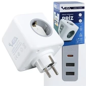 VEA VE-23089 2x USB 1x Type-C 3'lü Çocuk Ve Termal Korumalı Grup Priz - 1