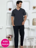 Erkek Desenli V Yaka Düğmesiz %100 Pamuk Kısa Kol Cepli Pijama Takımı - 4