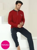 Erkek Bisiklet Yaka 3 Düğmeli Göğüs Cepli Pamuk Likra Mevsimlik Uzun Kol Pijama Takımı - 5