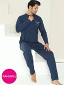 Erkek Bisiklet Yaka 3 Düğmeli Göğüs Cepli Pamuk Likra Mevsimlik Uzun Kol Pijama Takımı - 1