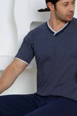 Erkek Desenli V Yaka Düğmesiz %100 Pamuk Kısa Kol Cepli Pijama Takımı - 3