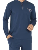 Erkek Bisiklet Yaka 3 Düğmeli Göğüs Cepli Pamuk Likra Mevsimlik Uzun Kol Pijama Takımı - 2