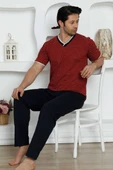 Erkek Desenli V Yaka Düğmesiz %100 Pamuk Kısa Kol Cepli Pijama Takımı - 8