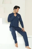 Erkek Bisiklet Yaka 3 Düğmeli Göğüs Cepli Pamuk Likra Mevsimlik Uzun Kol Pijama Takımı - 4