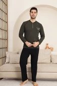 Erkek Bisiklet Yaka 3 Düğmeli Göğüs Cepli Pamuk Likra Mevsimlik Uzun Kol Pijama Takımı - 11