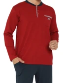 Erkek Bisiklet Yaka 3 Düğmeli Göğüs Cepli Pamuk Likra Mevsimlik Uzun Kol Pijama Takımı - 6