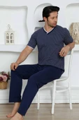 Erkek Desenli V Yaka Düğmesiz %100 Pamuk Kısa Kol Cepli Pijama Takımı - 9