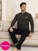 Erkek Bisiklet Yaka 3 Düğmeli Göğüs Cepli Pamuk Likra Mevsimlik Uzun Kol Pijama Takımı - 9