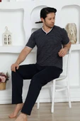 Erkek Desenli V Yaka Düğmesiz %100 Pamuk Kısa Kol Cepli Pijama Takımı - 7