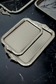 İronika 2'li Kararmaz Dekoratif Dikdörtgen Gümüş Kahve Çay Tepsisi Sunum Tepsisi thumbnail 1