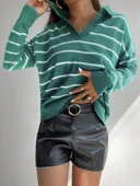 Kadın Uzun Kollu V Yaka çizgili Triko Bluz thumbnail 2