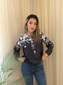 Kadın Uzun Kollu önden Fermuarlı çiçek Desenli şardonlu Dalgıç Bluz thumbnail 2